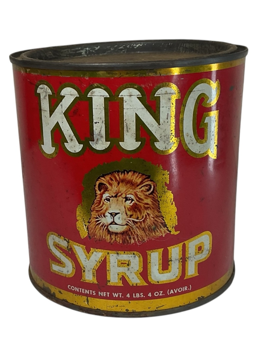 Vintage King Syrup Advertising Tin Red Gold Lion Graphic Metal Canister